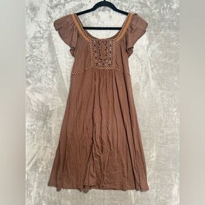 RXB Knee Length Dress Women’s Medium Brown Embroidered Peasant Boho Tassel
